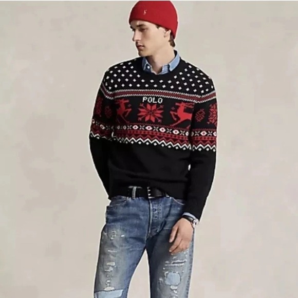 Ralph Lauren Polo Black Reindeer Fair Isle Knit Cotton Cashmere Sweater XXL $298